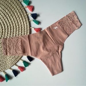 Victoria's Secret PINK Lace Trim No Show Thong Panty Misty Rose Large NEW